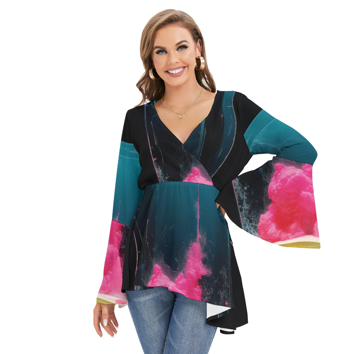 All-Over Print Women's V-neck Blouse With Flared Sleeves