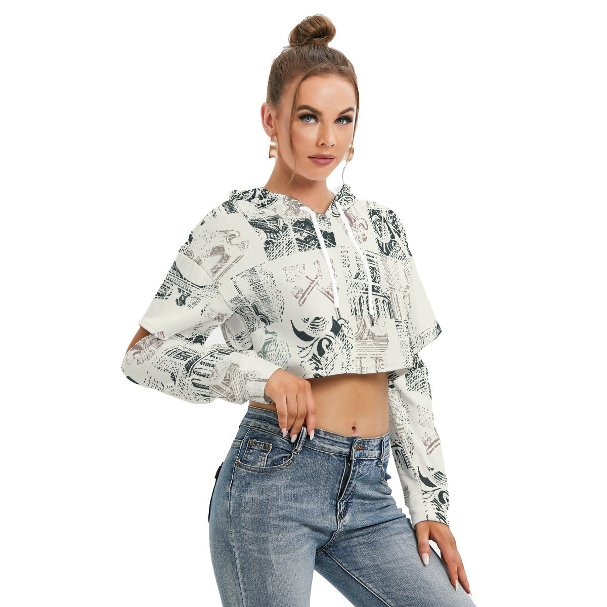 All-Over Print Women's Heavy Fleece Hoodie With Hollow Out Sleeve