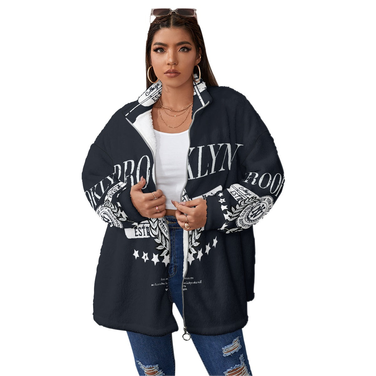 All-Over Print Unisex Borg Fleece Stand-up Collar Coat With Zipper Closure(Plus Size)