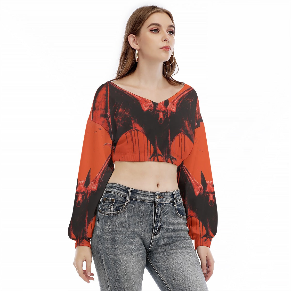 All-Over Print Women's V-neck Long Sleeve Cropped Sweatshirt
