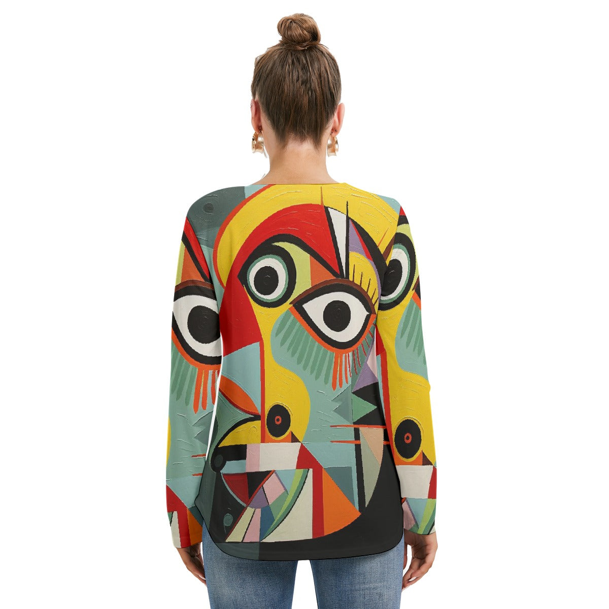 All-Over Print Women's Long Sleeve Neckline Tie Sweatshirt