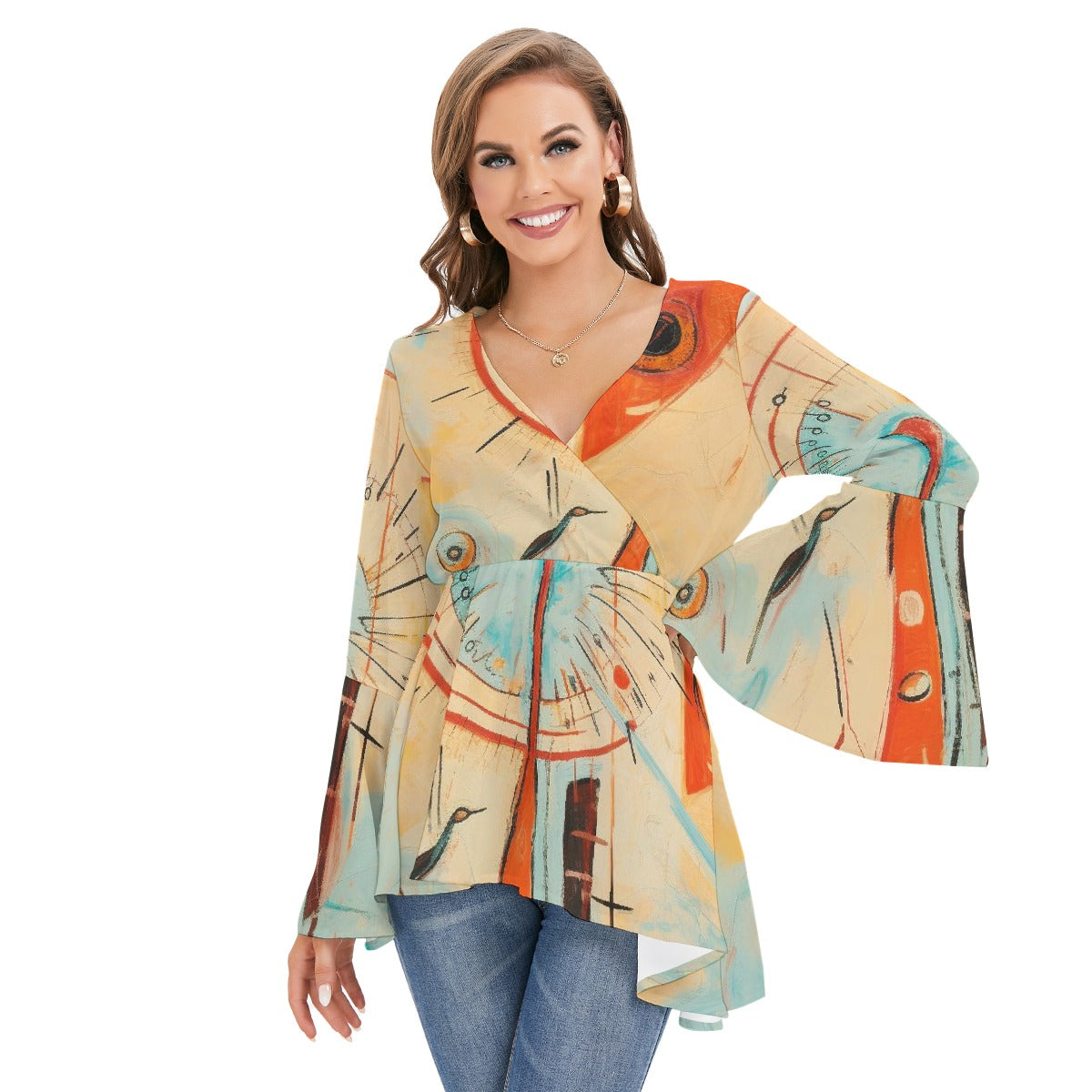 All-Over Print Women's V-neck Blouse With Flared Sleeves