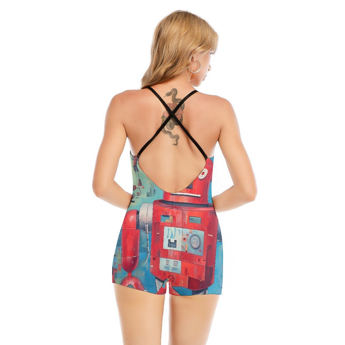 All-Over Print Women's Backless Romper With Black Straps