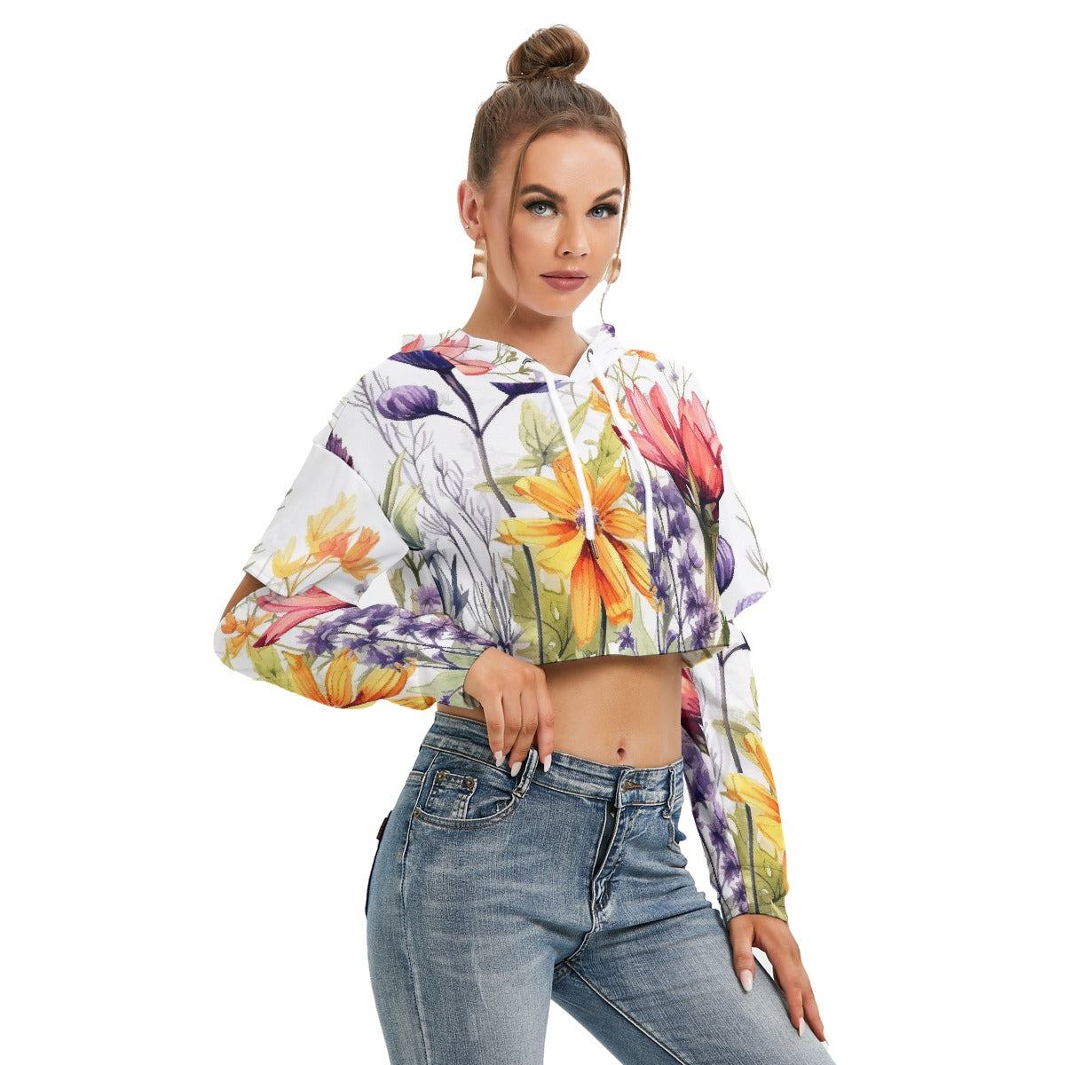 All-Over Print Women's Heavy Fleece Hoodie With Hollow Out Sleeve