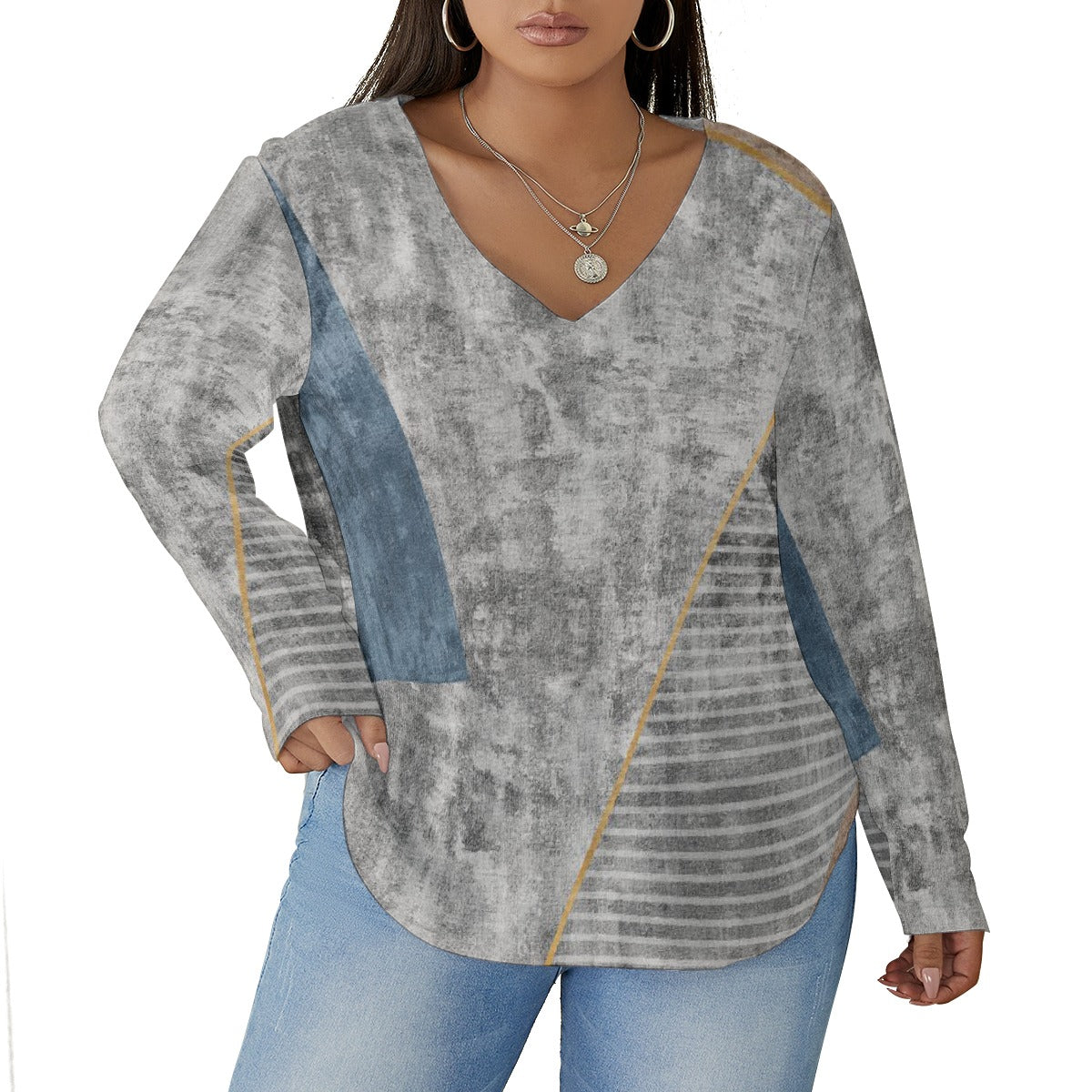 All-Over Print Women's V-neck T-shirt With Curved Hem(Plus Size)