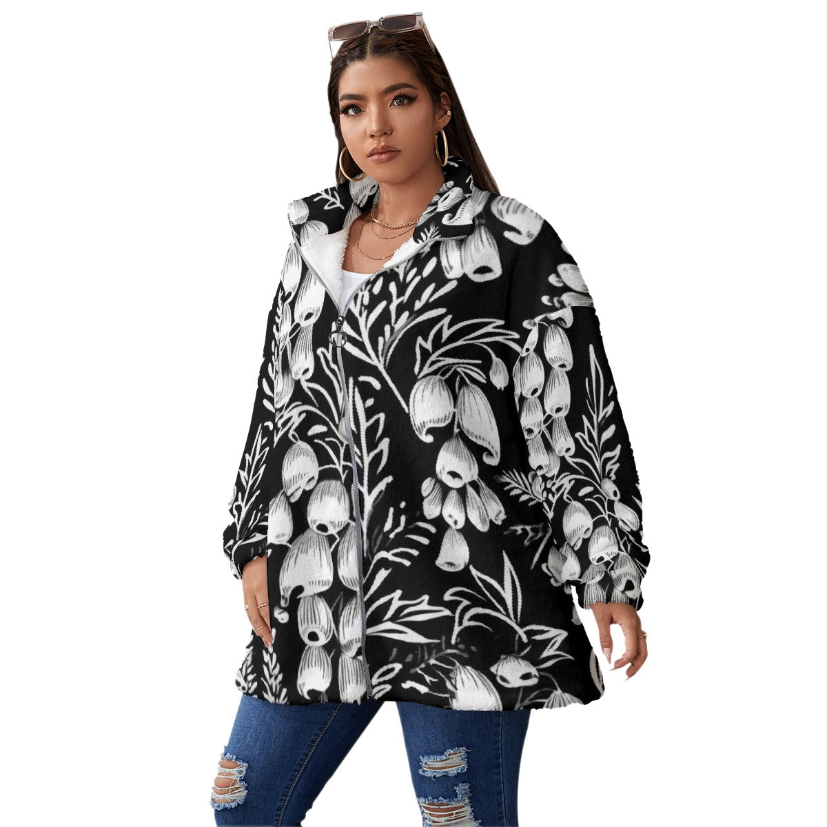 All-Over Print Unisex Borg Fleece Stand-up Collar Coat With Zipper Closure(Plus Size)