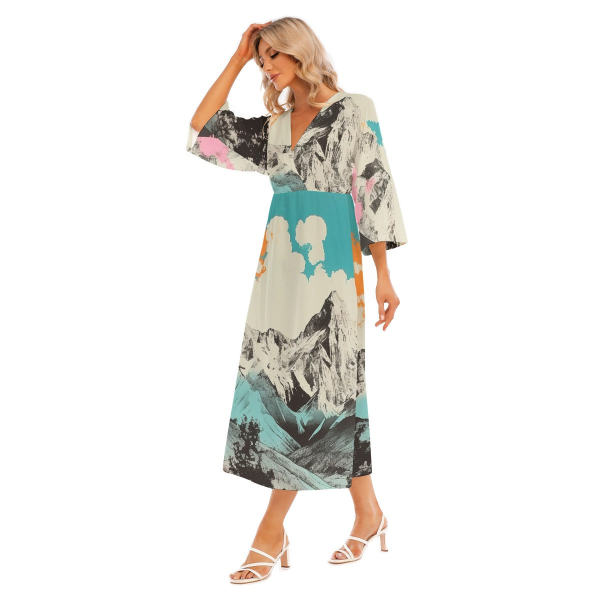 All-Over Print Women's Mid-Sleeve Long Dress