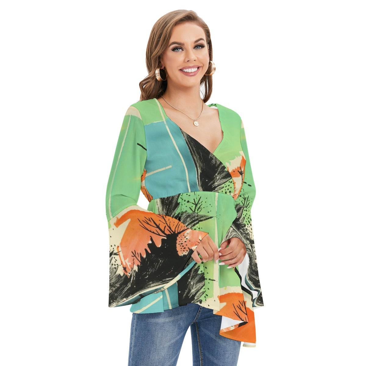 All-Over Print Women's V-neck Blouse With Flared Sleeves