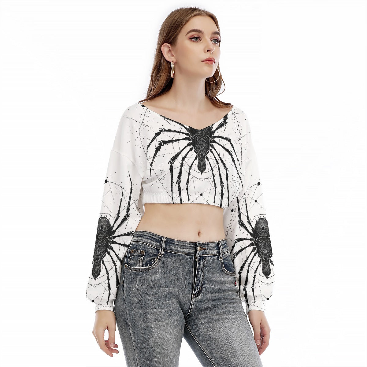 All-Over Print Women's V-neck Long Sleeve Cropped Sweatshirt