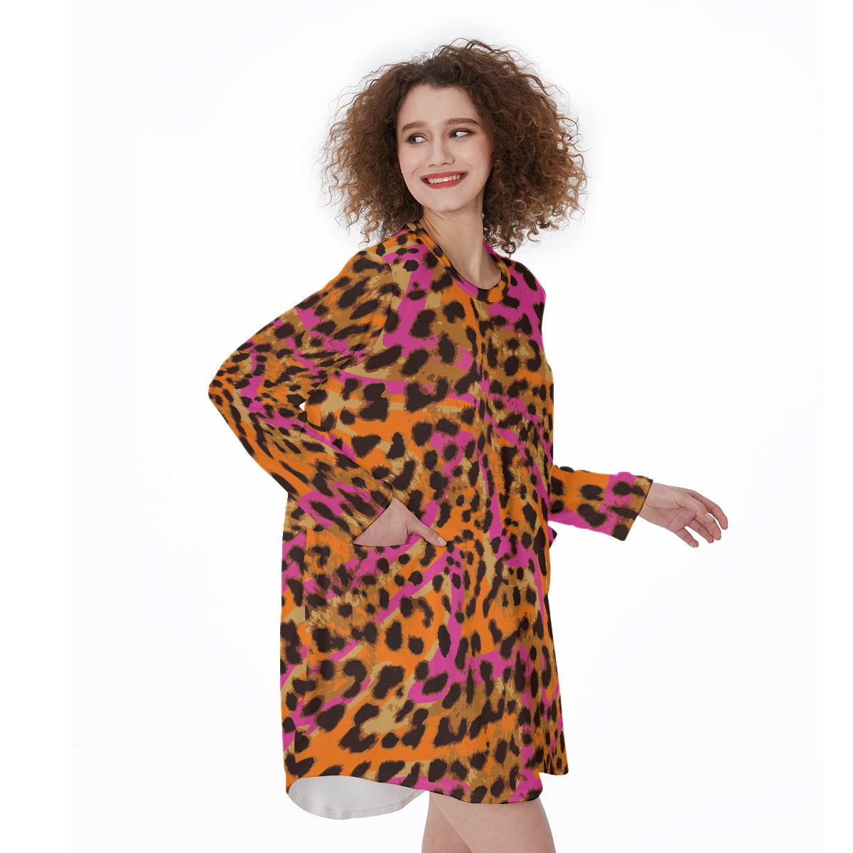 All-Over Print Women's Casual Loose Long Sleeve Dress With Pocket