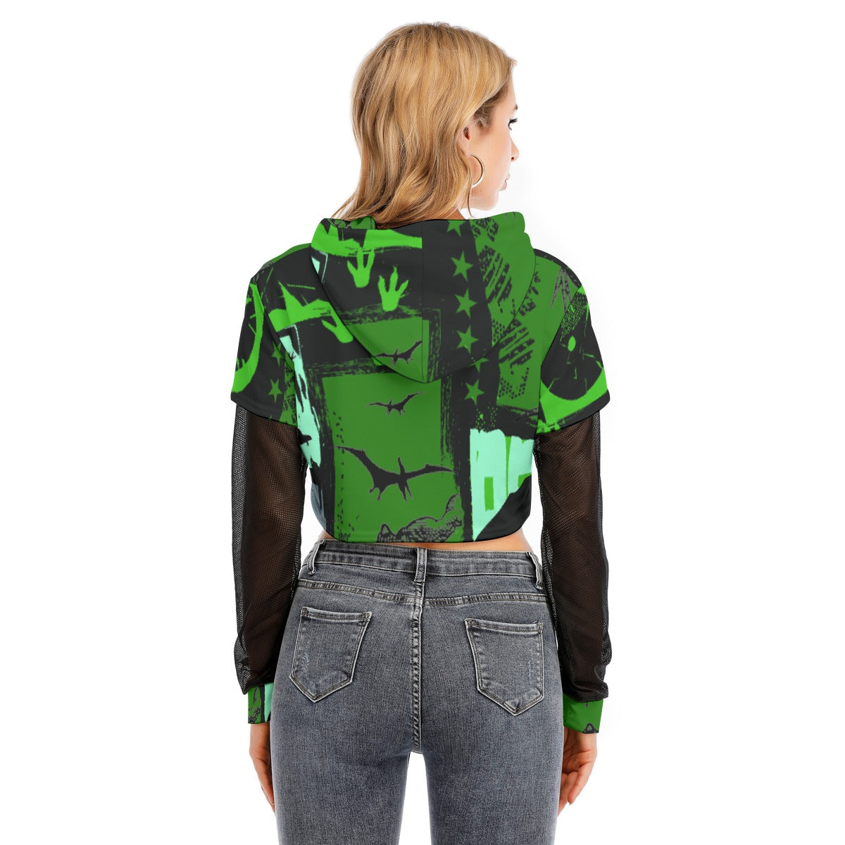 All-Over Print Women's Fake Two-piece Mesh Sleeve Cropped Hoodie