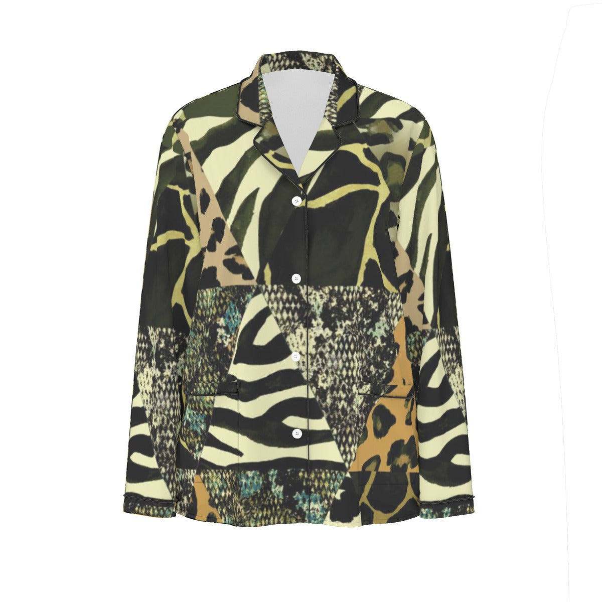 All-Over Print Women's Long Sleeve Pajama Set With Black Contrast Piping