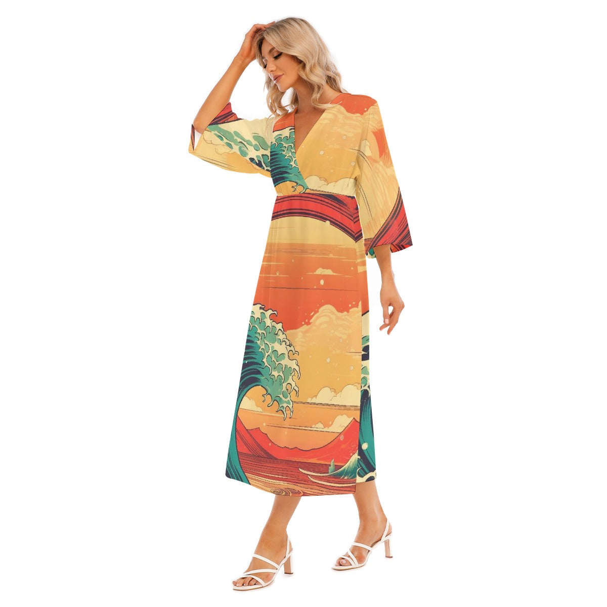 All-Over Print Women's Mid-Sleeve Long Dress
