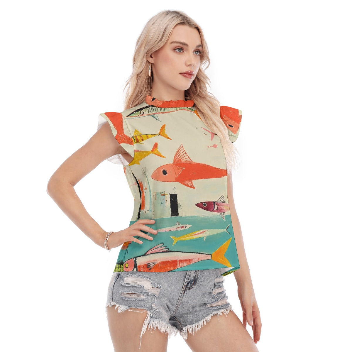 All-Over Print Women's Blouse With Ruffle Collar And Sleeve