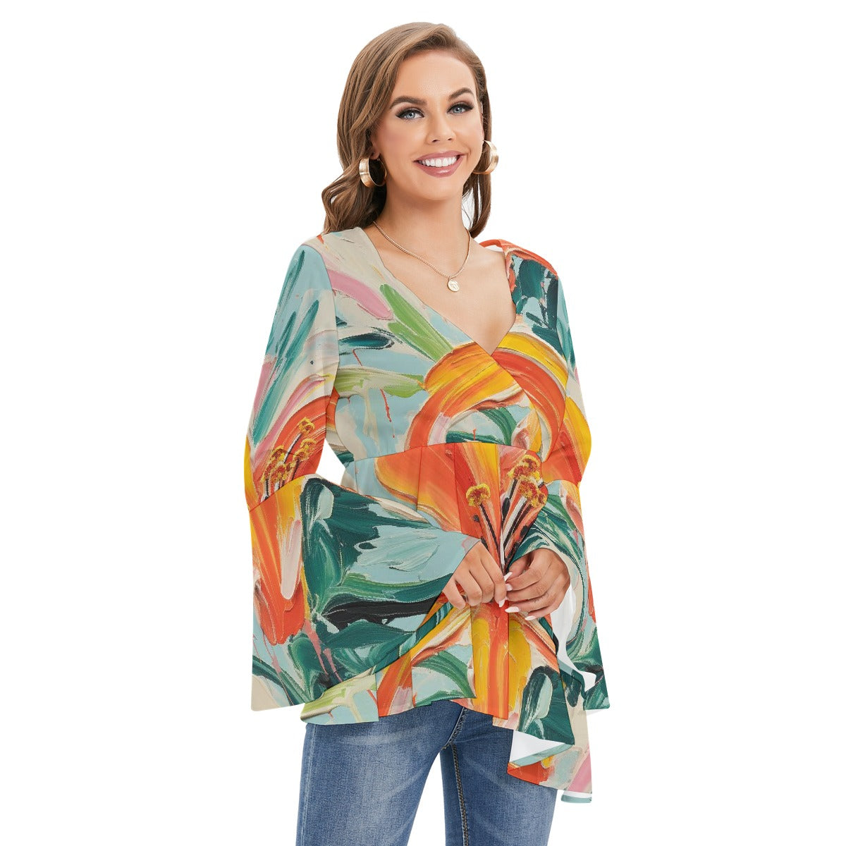 All-Over Print Women's V-neck Blouse With Flared Sleeves