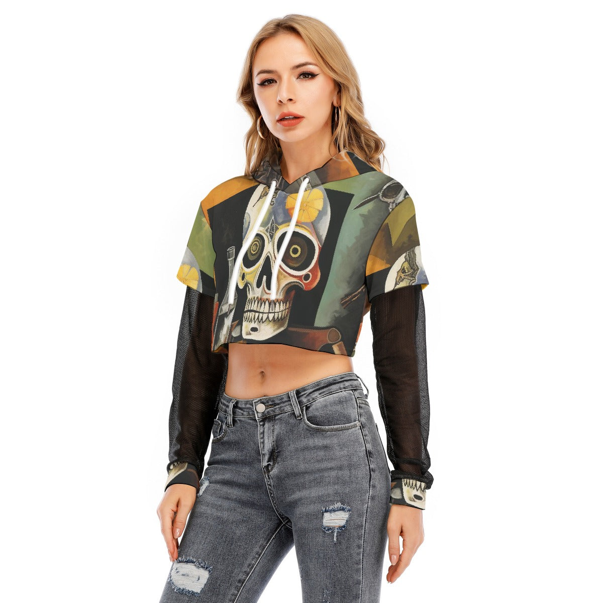 All-Over Print Women's Fake Two-piece Mesh Sleeve Cropped Hoodie
