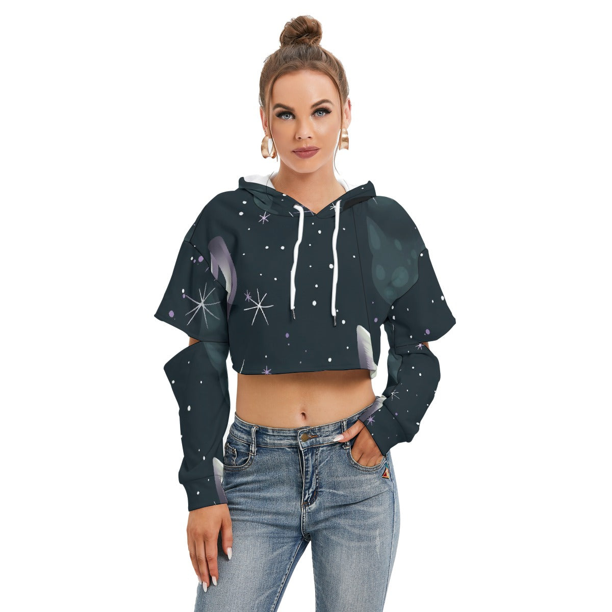 All-Over Print Women's Heavy Fleece Hoodie With Hollow Out Sleeve