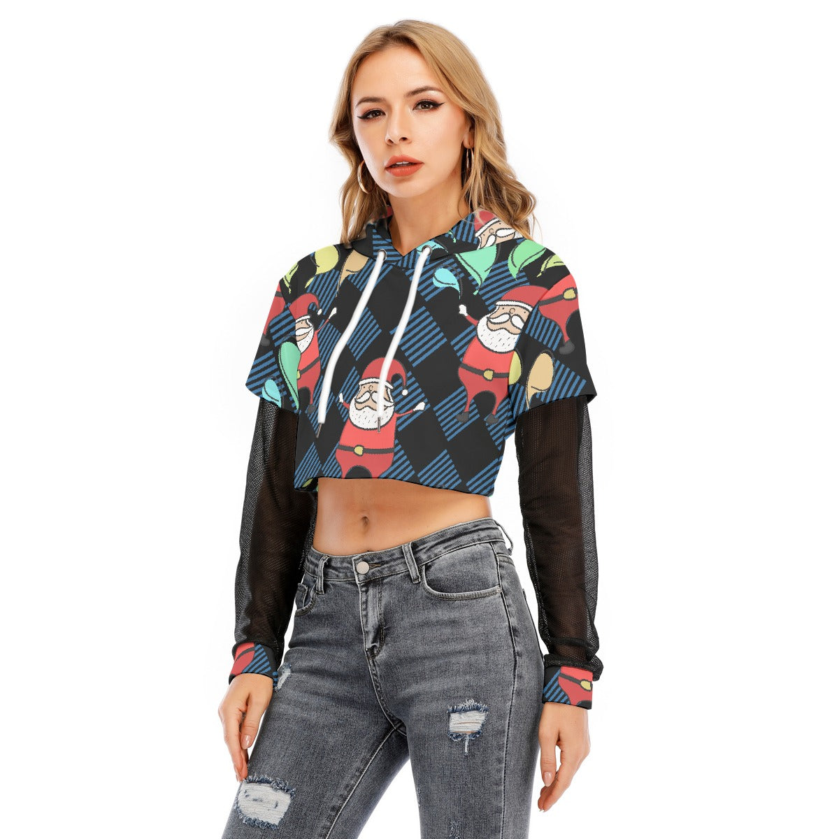 All-Over Print Women's Fake Two-piece Mesh Sleeve Cropped Hoodie