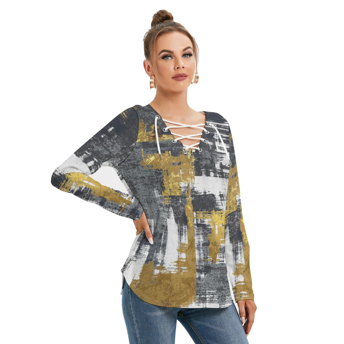 All-Over Print Women's Long Sleeve Neckline Tie Sweatshirt