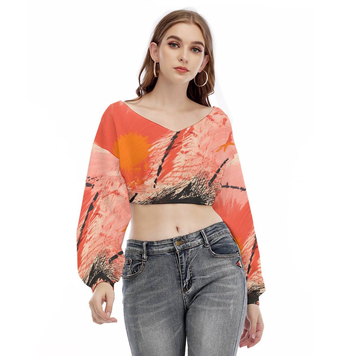 All-Over Print Women's V-neck Long Sleeve Cropped Sweatshirt