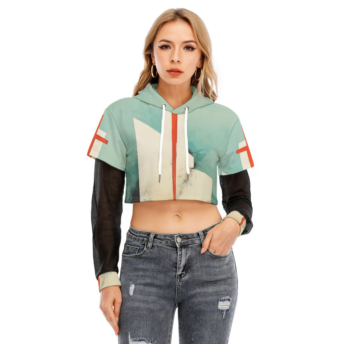 All-Over Print Women's Fake Two-piece Mesh Sleeve Cropped Hoodie