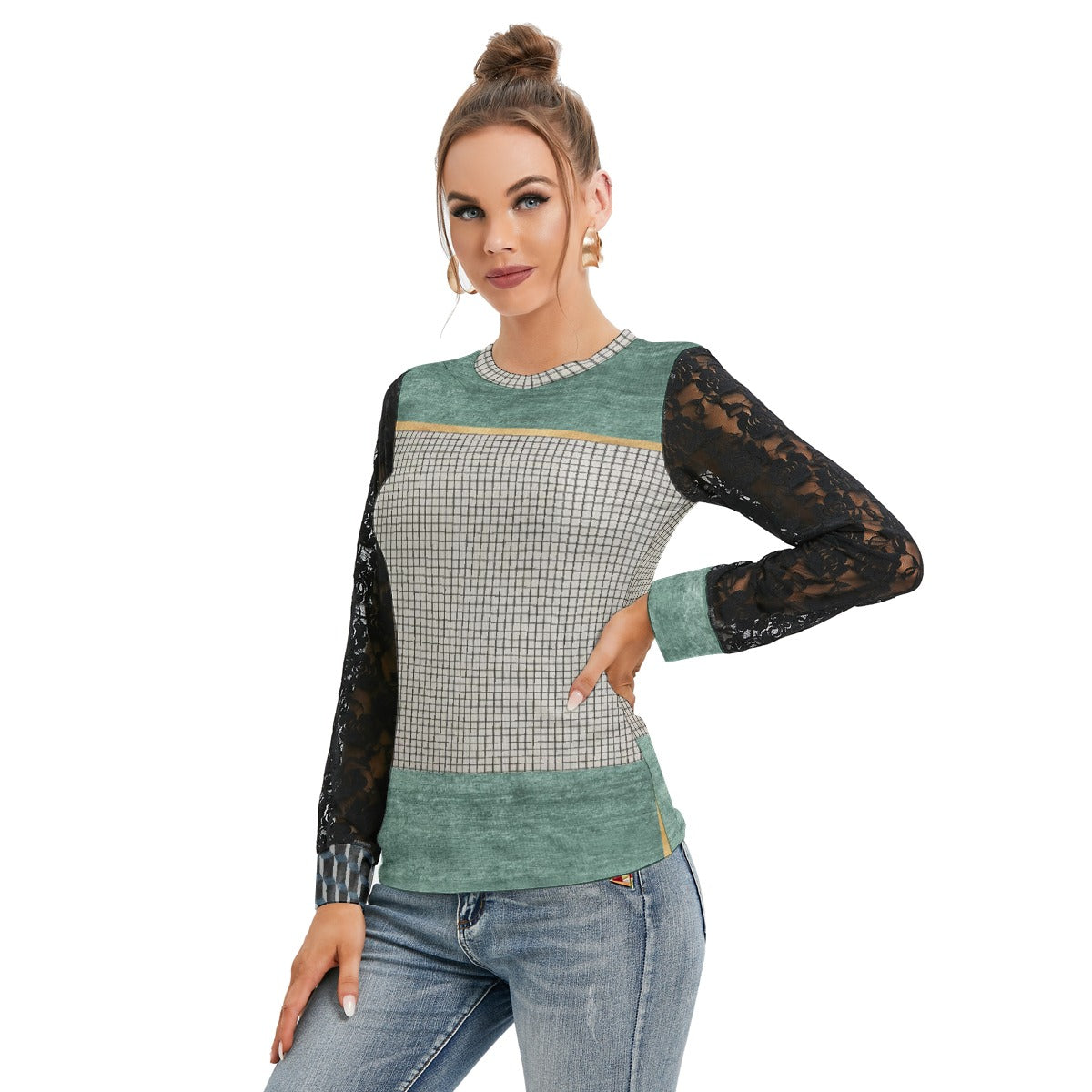 All-Over Print Women's T-shirt And Sleeve With Black Lace