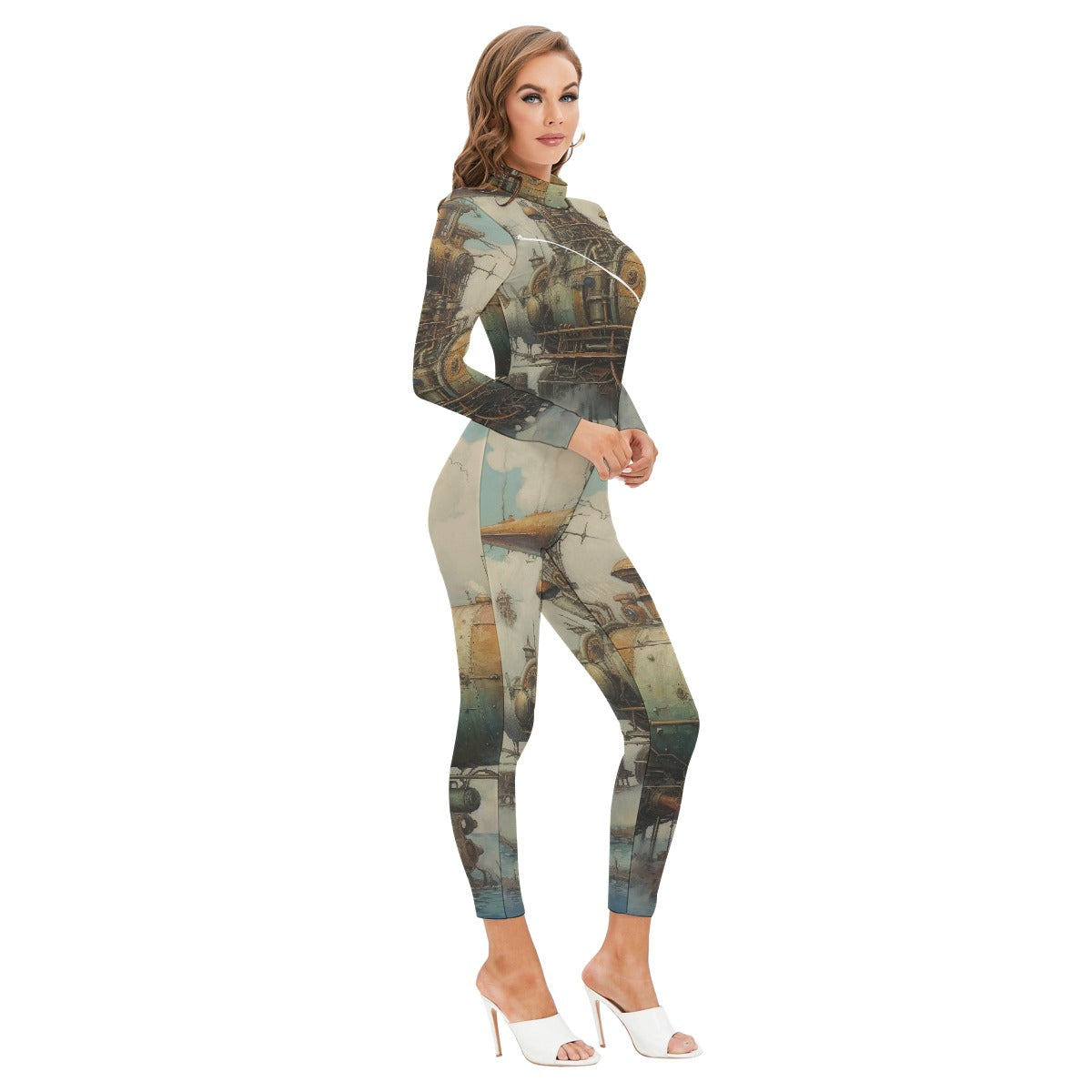 All-Over Print Women's Long-sleeved High-neck Jumpsuit With Zipper