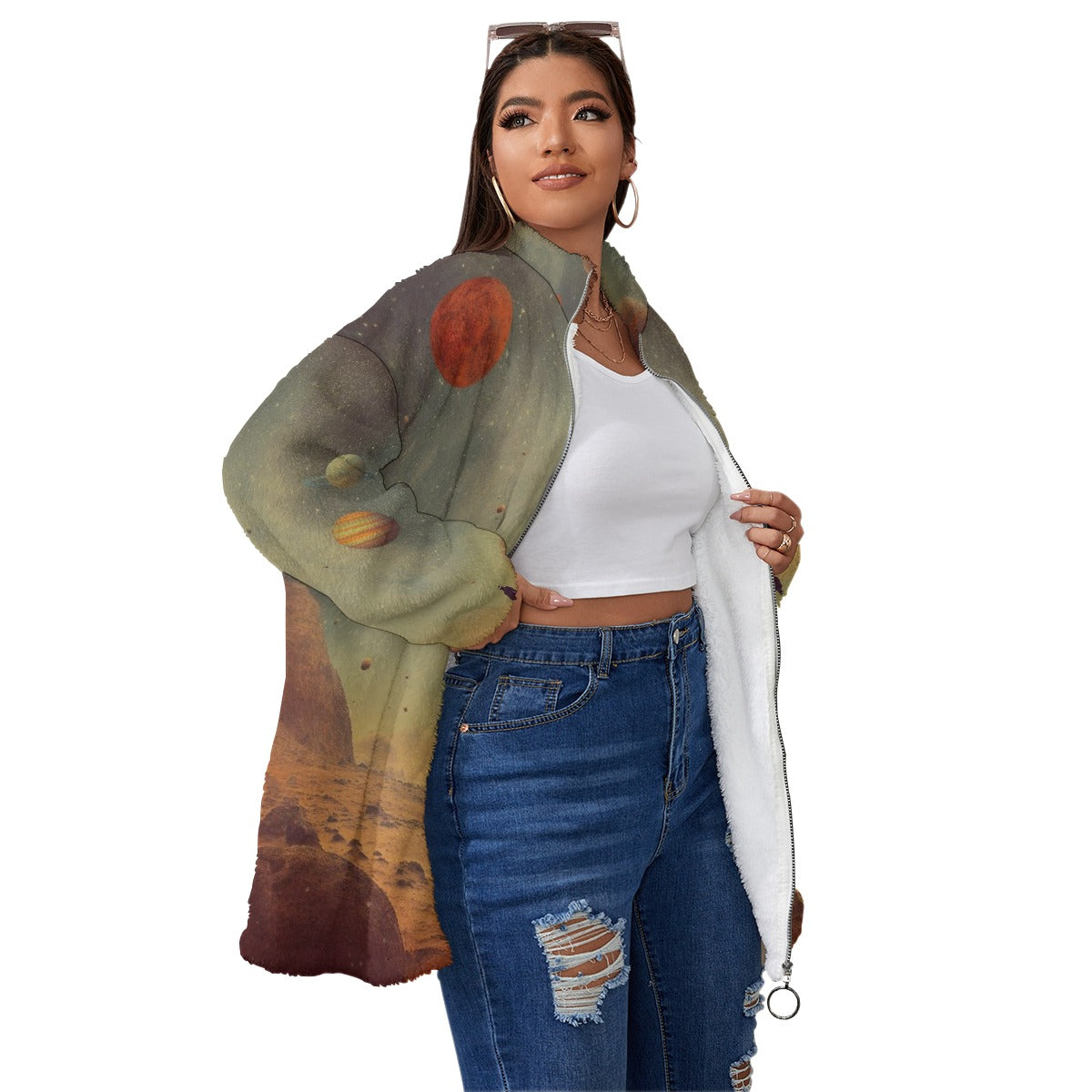 All-Over Print Unisex Borg Fleece Stand-up Collar Coat With Zipper Closure(Plus Size)