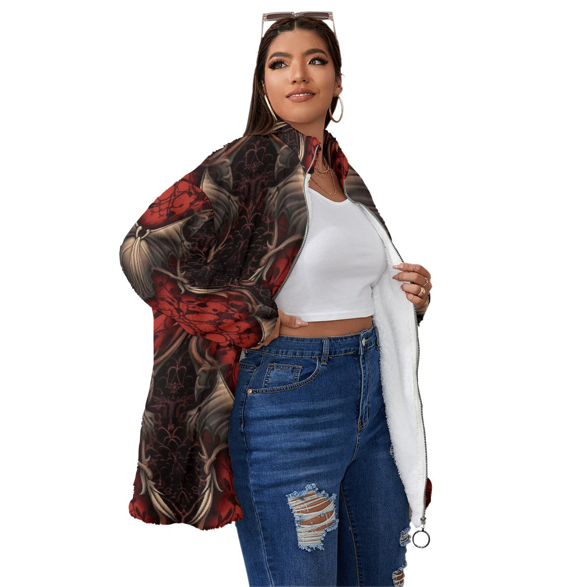 All-Over Print Unisex Borg Fleece Stand-up Collar Coat With Zipper Closure(Plus Size)