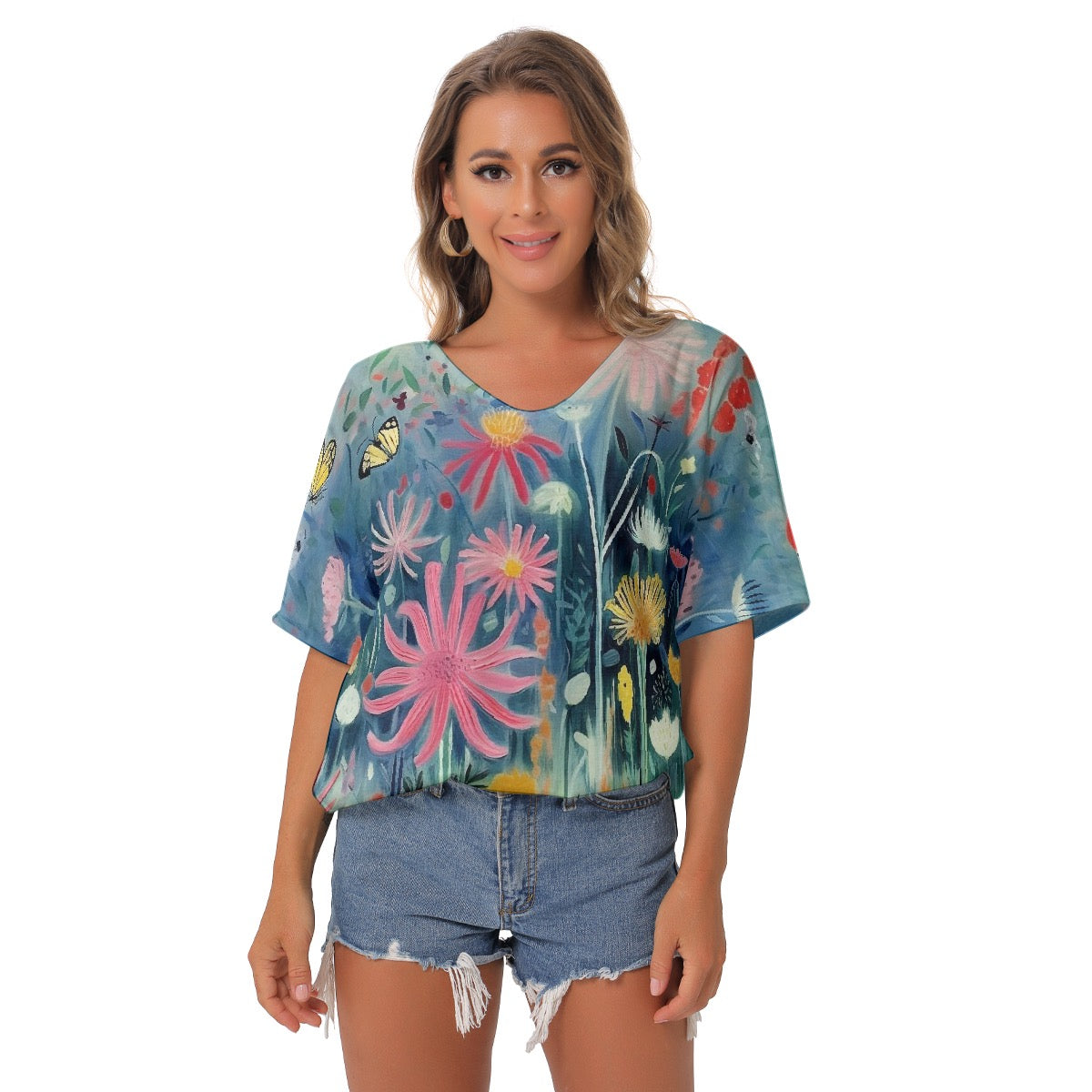 All-Over Print Women's Bat Sleeves V-Neck Blouse