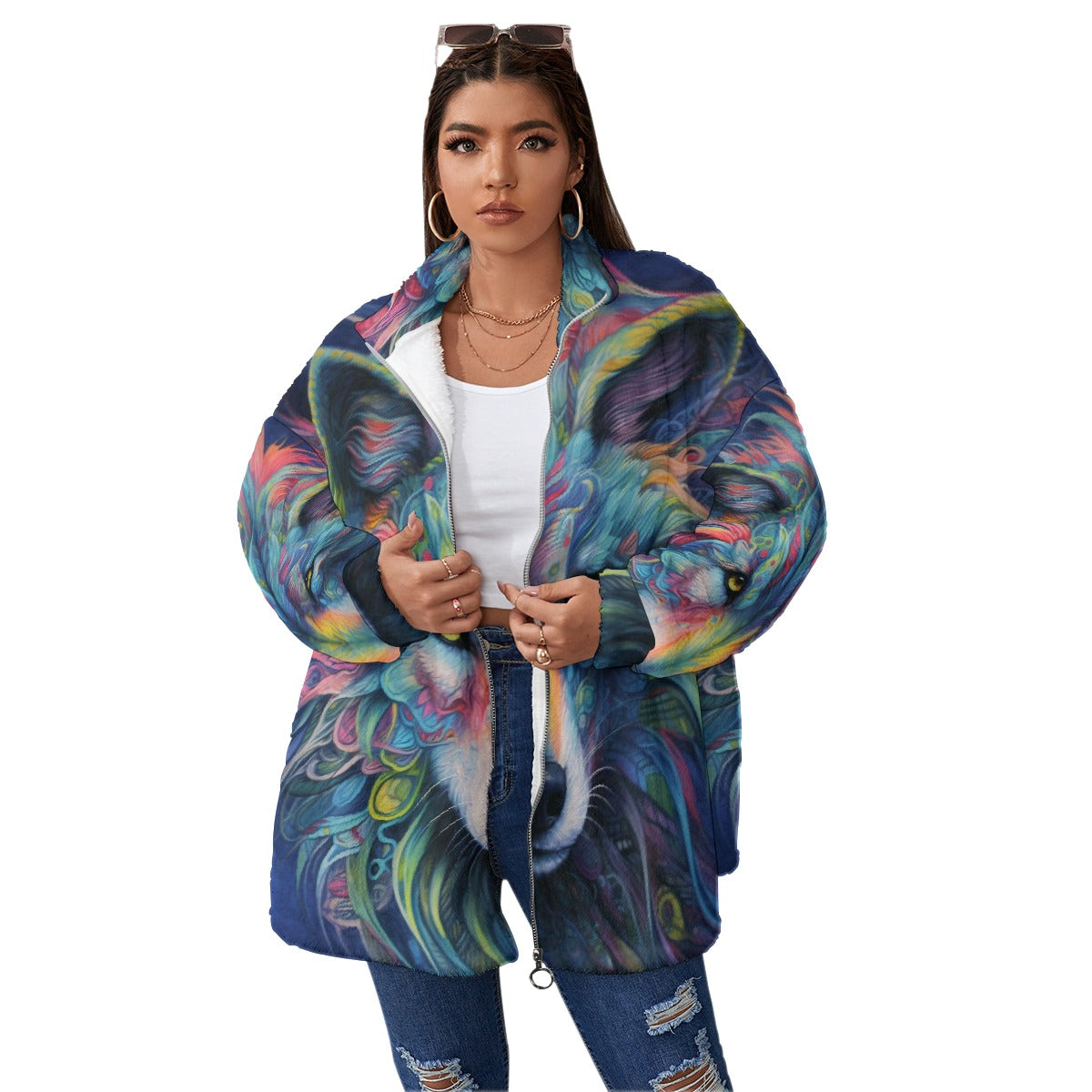 All-Over Print Unisex Borg Fleece Stand-up Collar Coat With Zipper Closure(Plus Size)