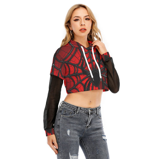 All-Over Print Women's Fake Two-piece Mesh Sleeve Cropped Hoodie