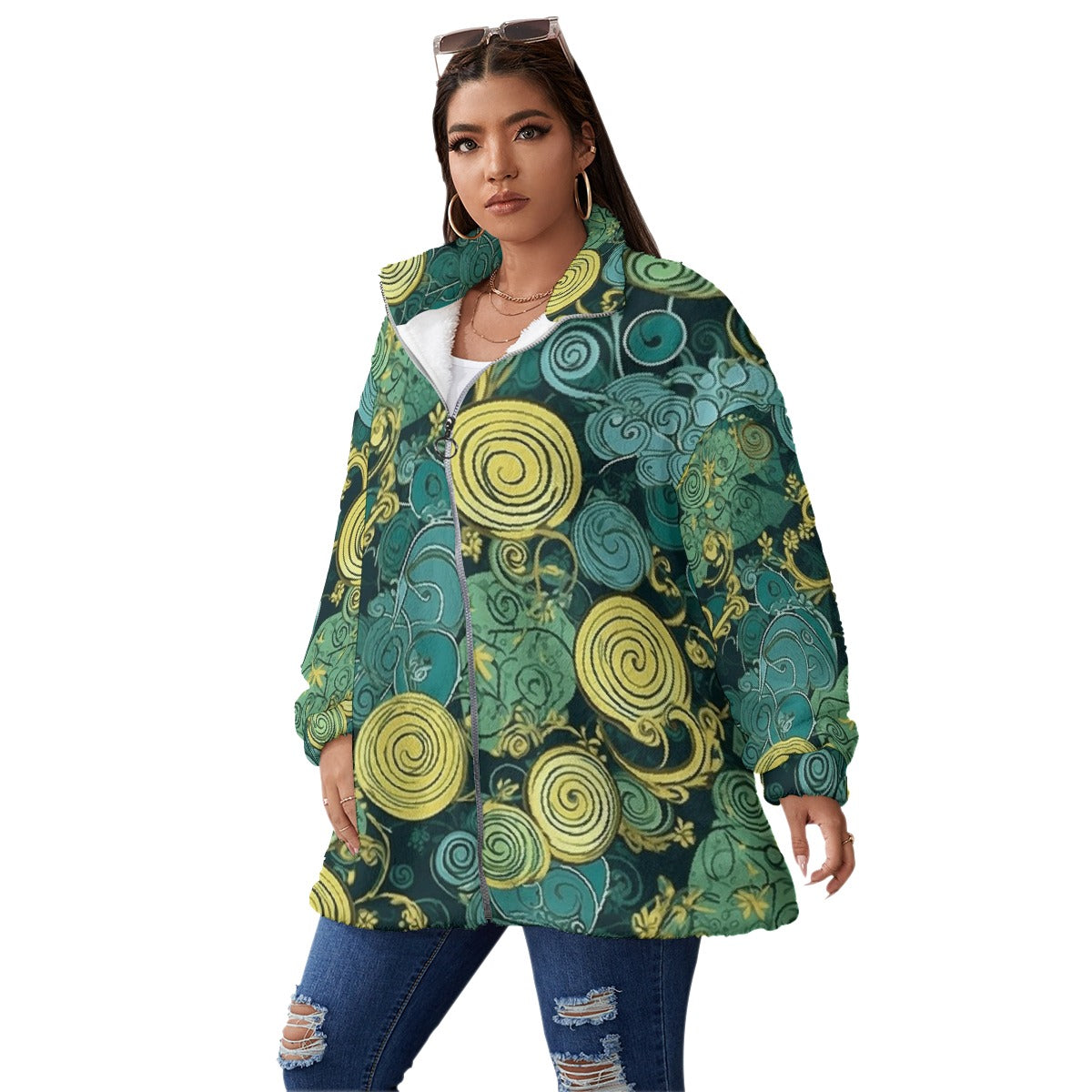 All-Over Print Unisex Borg Fleece Stand-up Collar Coat With Zipper Closure(Plus Size)