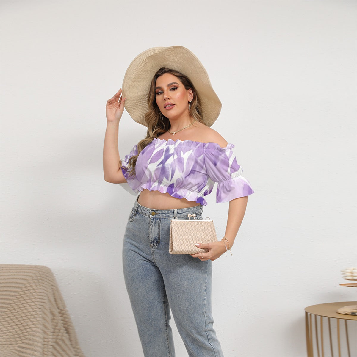 All-Over Print Women's Off-shoulder Cropped Top With Short Puff Sleeve
