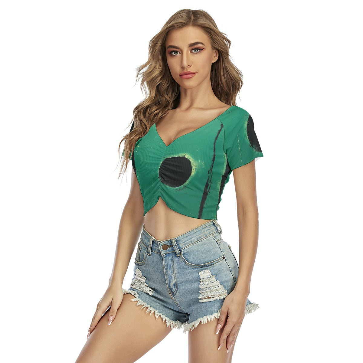 All-Over Print Women's Raglan Drawstring Front  Crop Tee