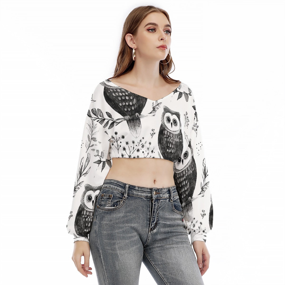 All-Over Print Women's V-neck Long Sleeve Cropped Sweatshirt
