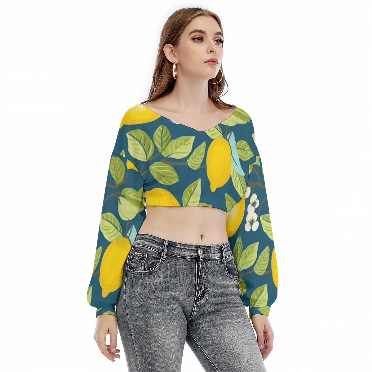 All-Over Print Women's V-neck Long Sleeve Cropped Sweatshirt