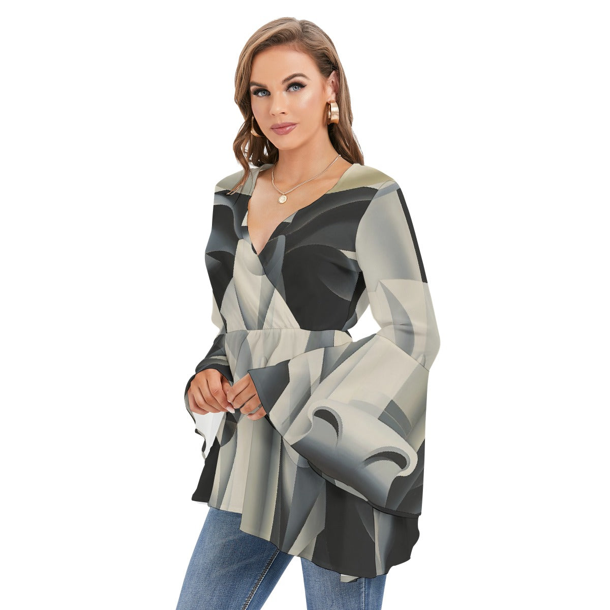 All-Over Print Women's V-neck Blouse With Flared Sleeves