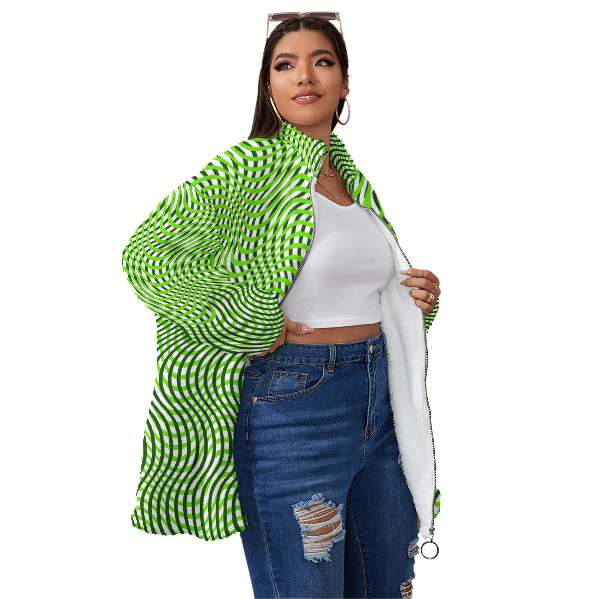 All-Over Print Unisex Borg Fleece Stand-up Collar Coat With Zipper Closure(Plus Size)