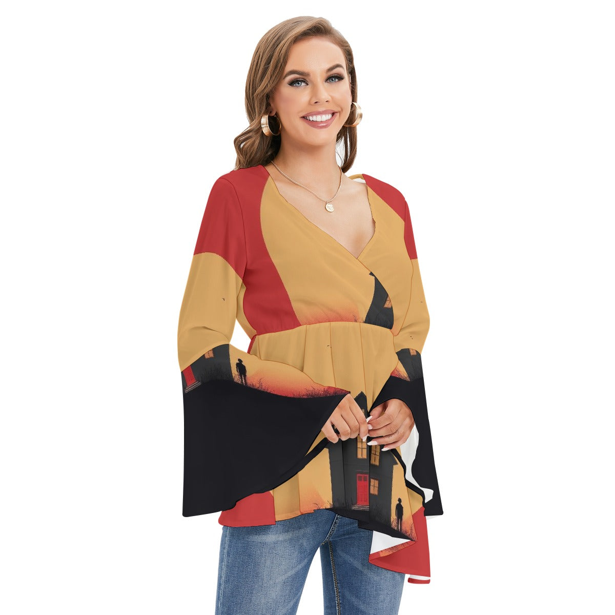 All-Over Print Women's V-neck Blouse With Flared Sleeves