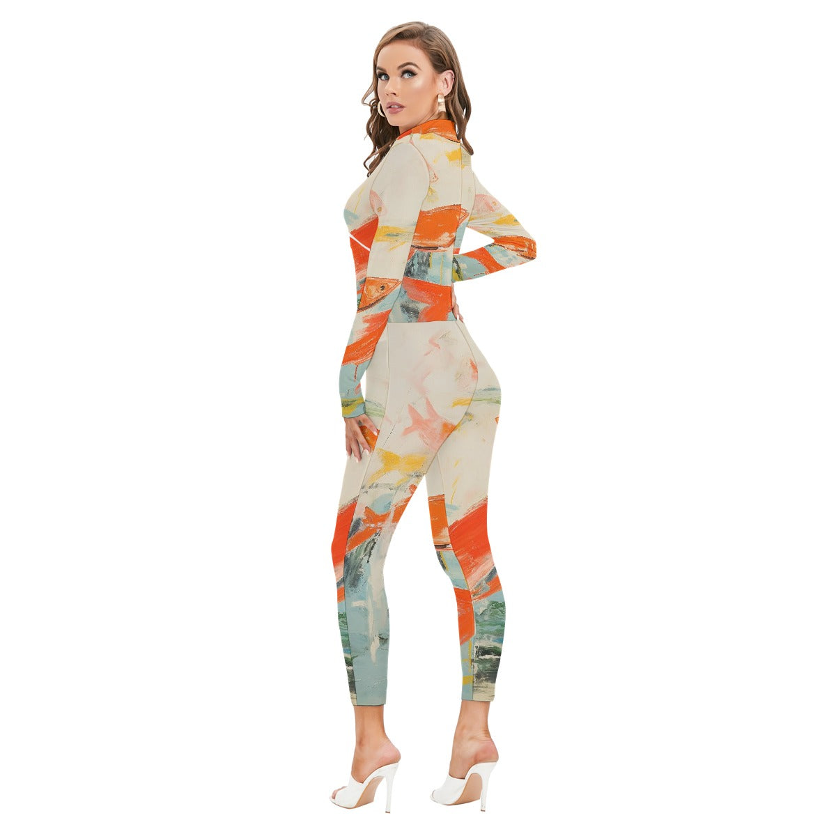 All-Over Print Women's Long-sleeved High-neck Jumpsuit With Zipper