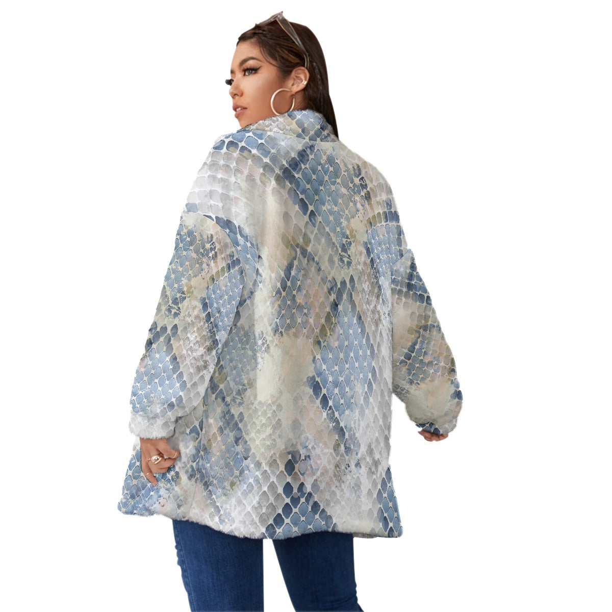 All-Over Print Unisex Borg Fleece Stand-up Collar Coat With Zipper Closure(Plus Size)