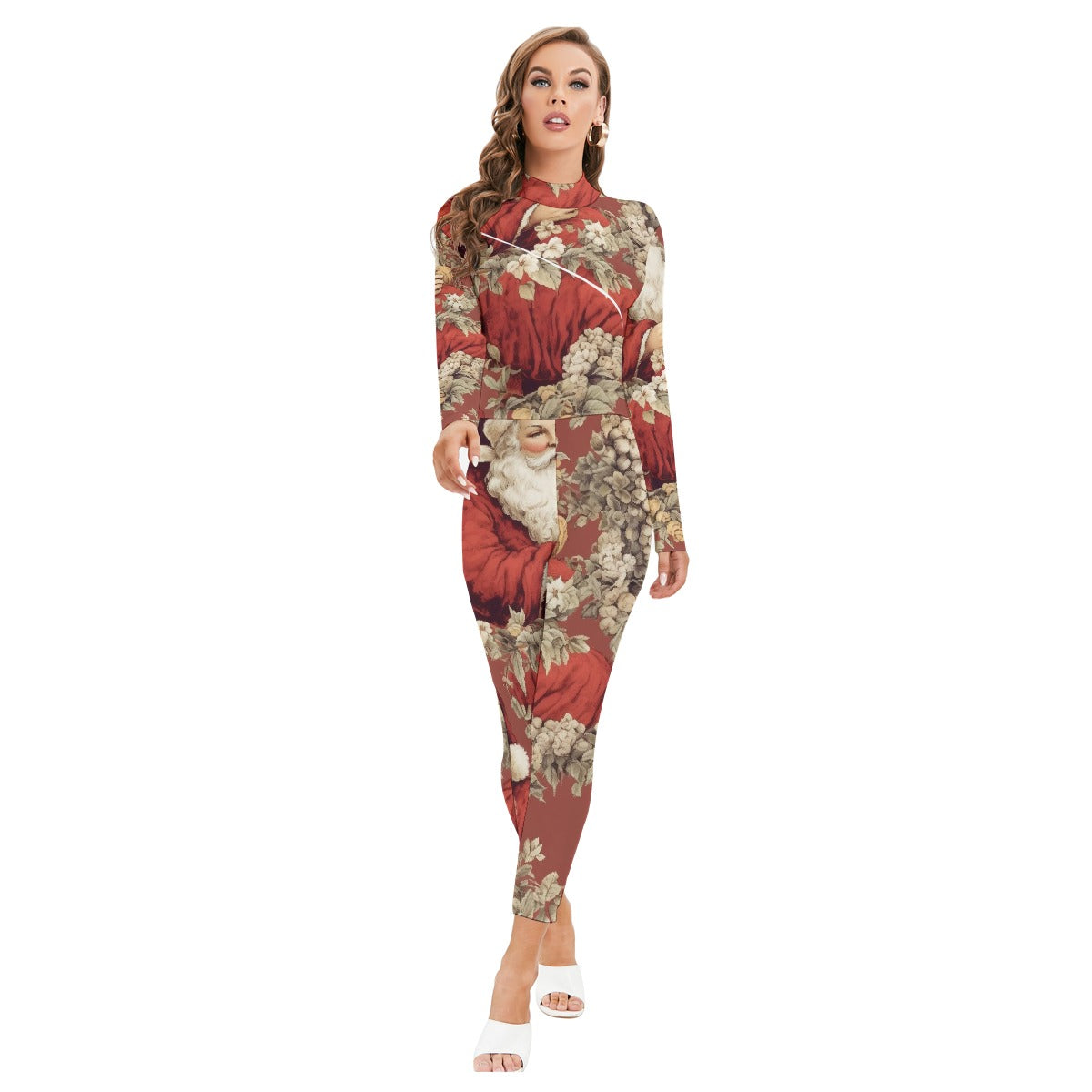 All-Over Print Women's Long-sleeved High-neck Jumpsuit With Zipper