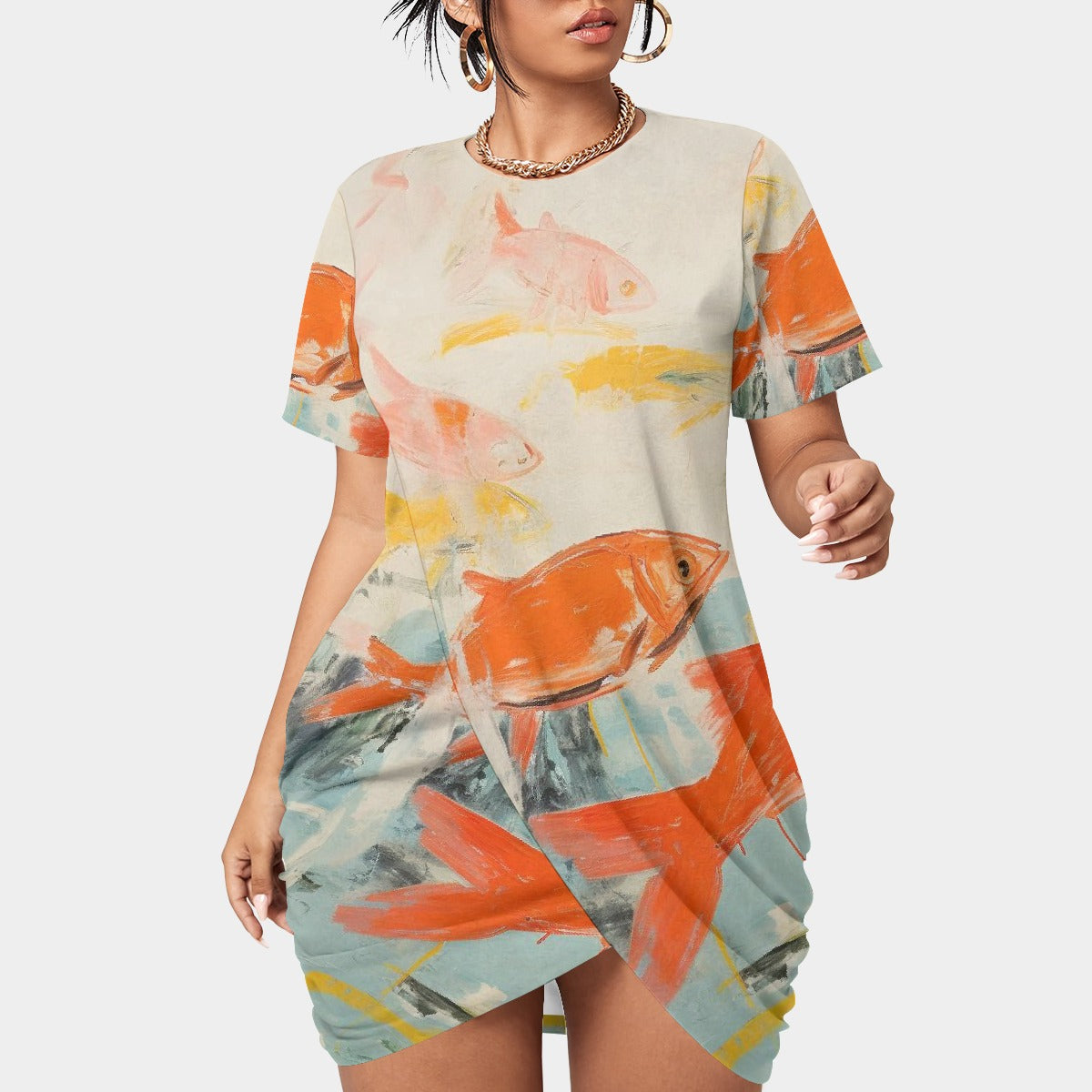 All-Over Print Women’s Stacked Hem Dress With Short Sleeve（Plus Size）