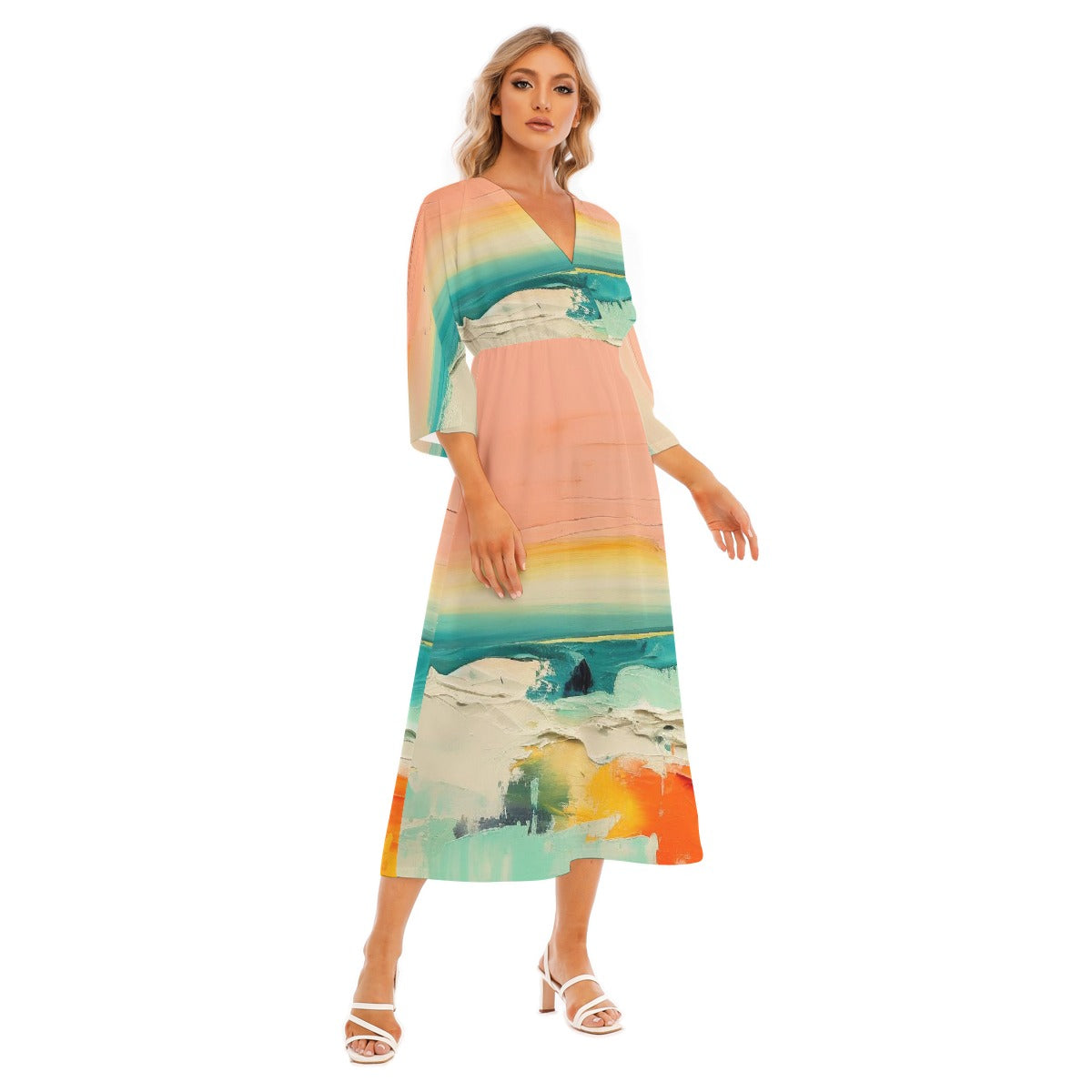 All-Over Print Women's Mid-Sleeve Long Dress
