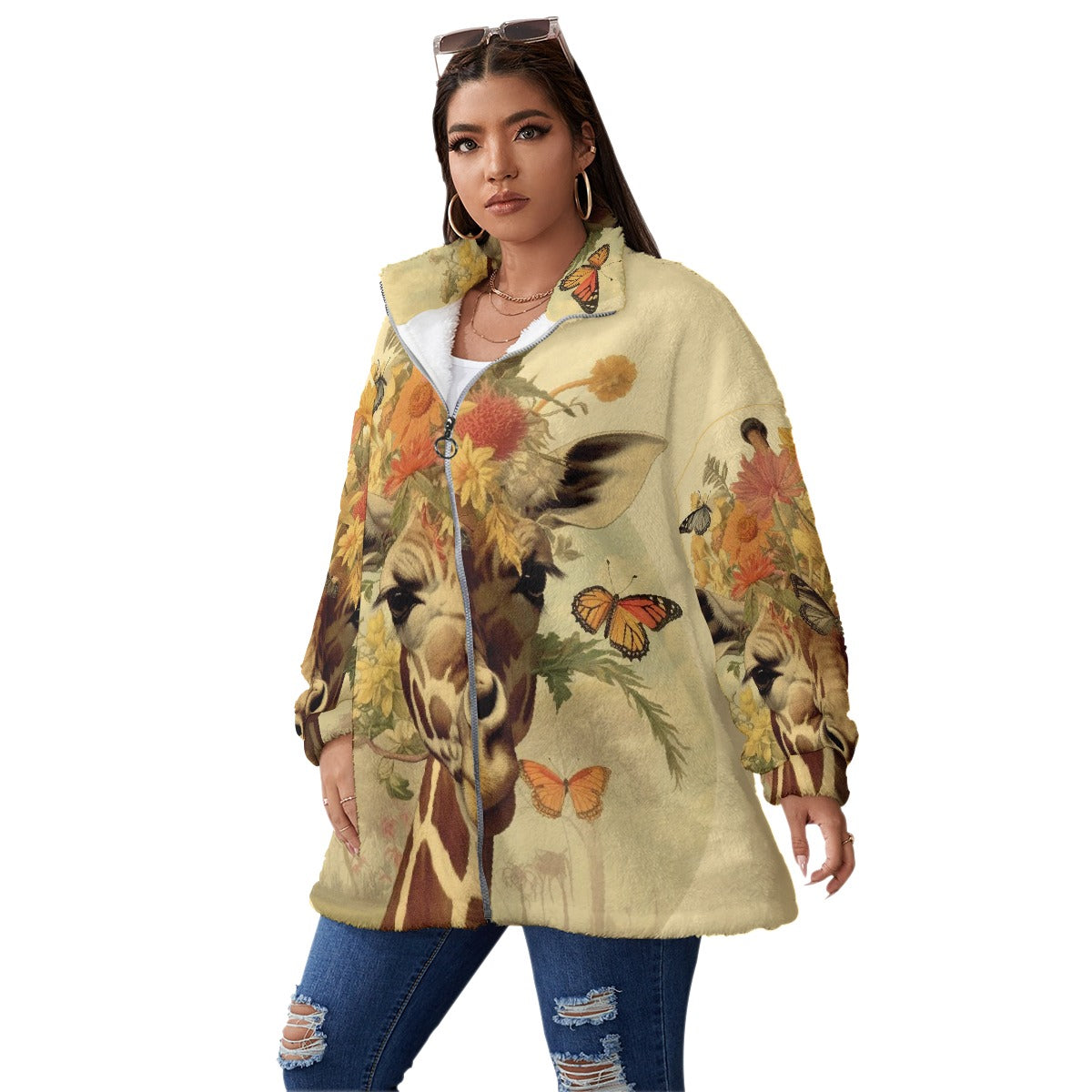 All-Over Print Unisex Borg Fleece Stand-up Collar Coat With Zipper Closure(Plus Size)