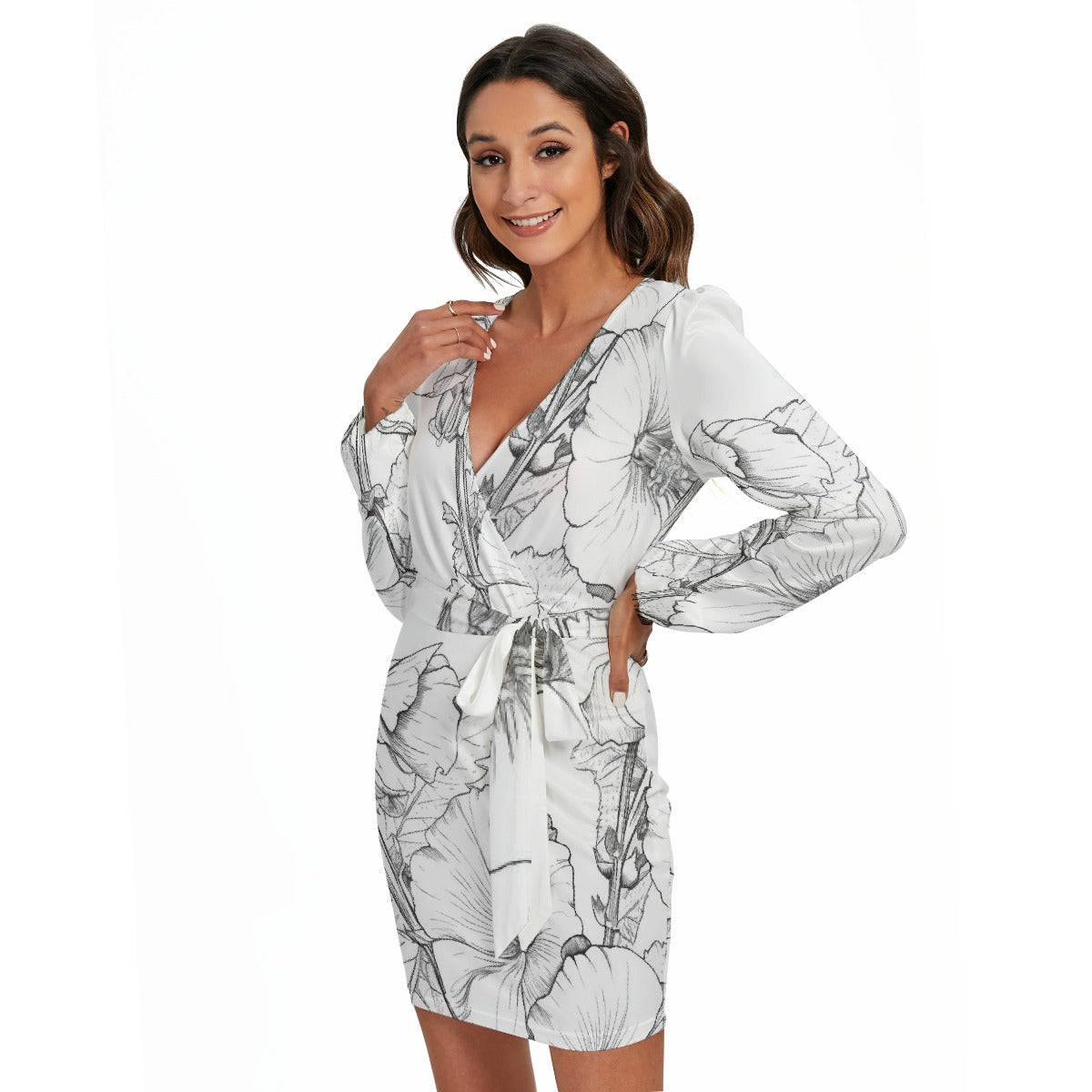 All-Over Print Women's Long Sleeve Dress With Waist Belt