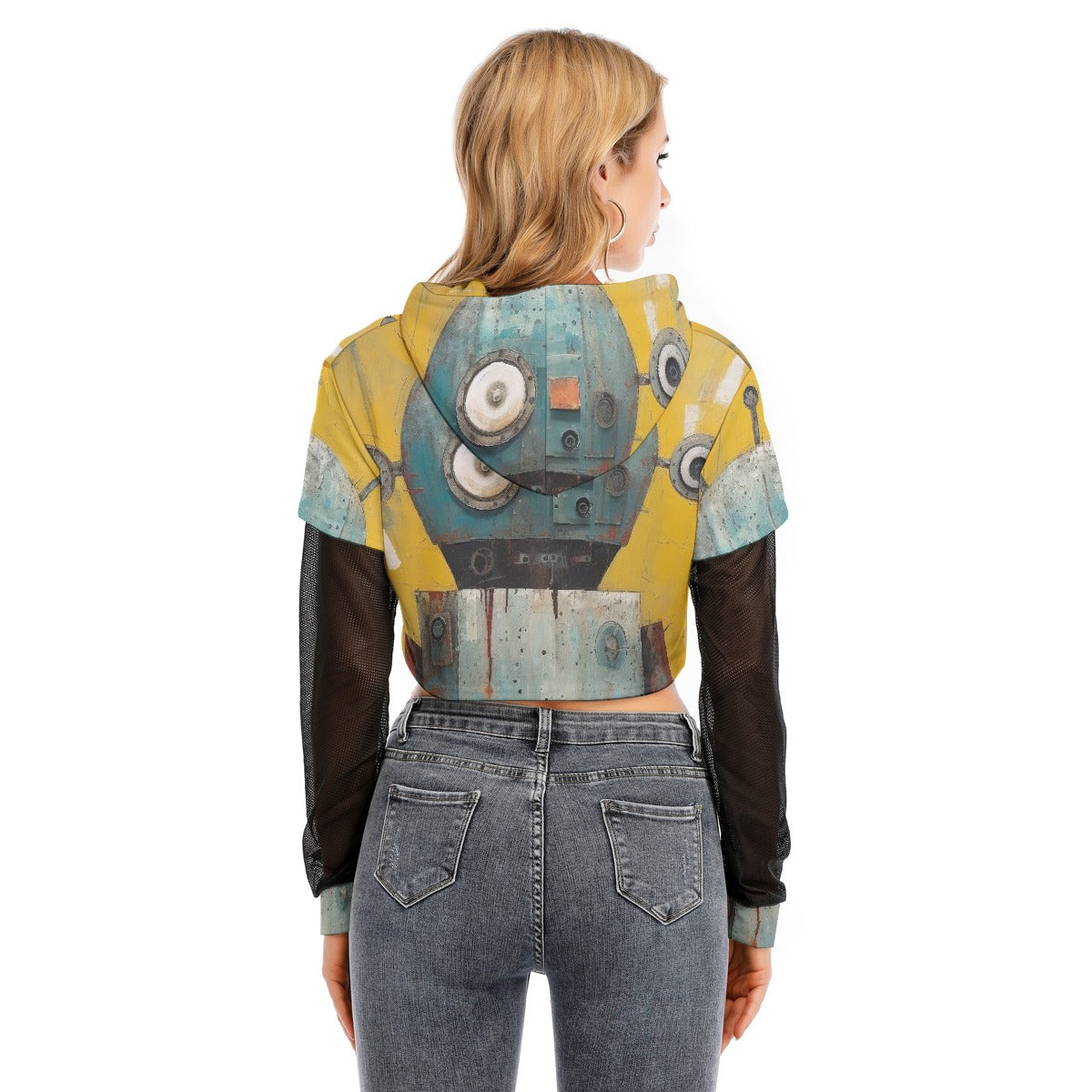 All-Over Print Women's Fake Two-piece Mesh Sleeve Cropped Hoodie
