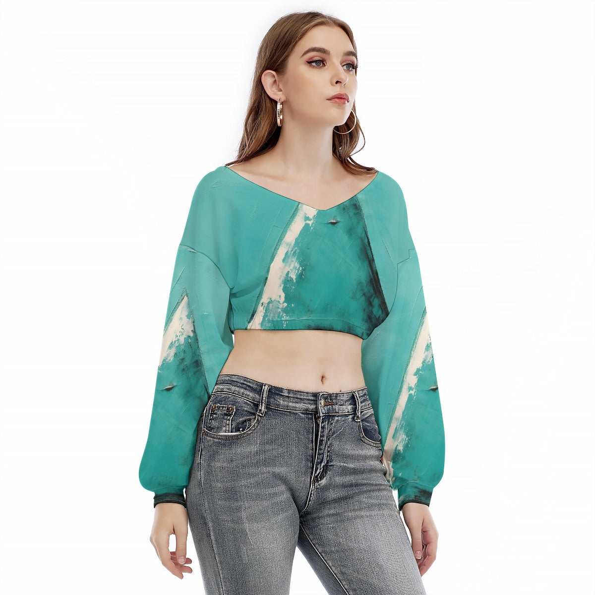 All-Over Print Women's V-neck Long Sleeve Cropped Sweatshirt