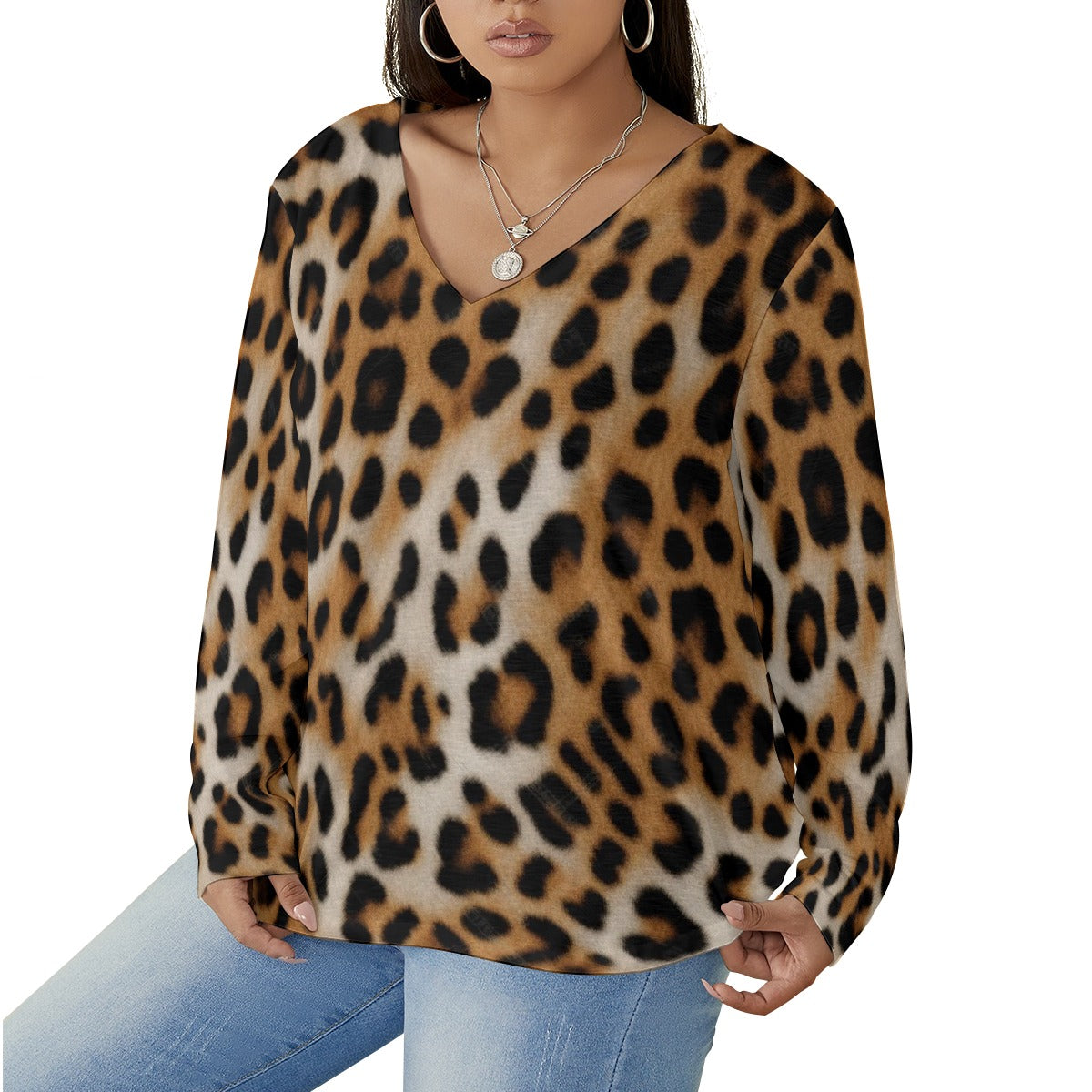 All-Over Print Women's V-neck T-shirt With Curved Hem(Plus Size)